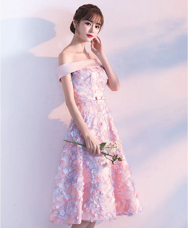 Cute Pink Lace Short Prom Dress, Pink Evening Dress - Deanwangkt