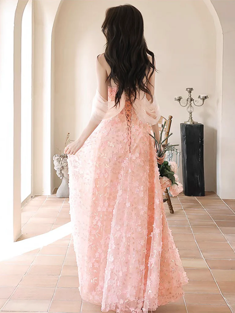 A-Line Off Shoulder Pink Long Prom Dress, Pink Long Graduation Dress - Deanwangkt