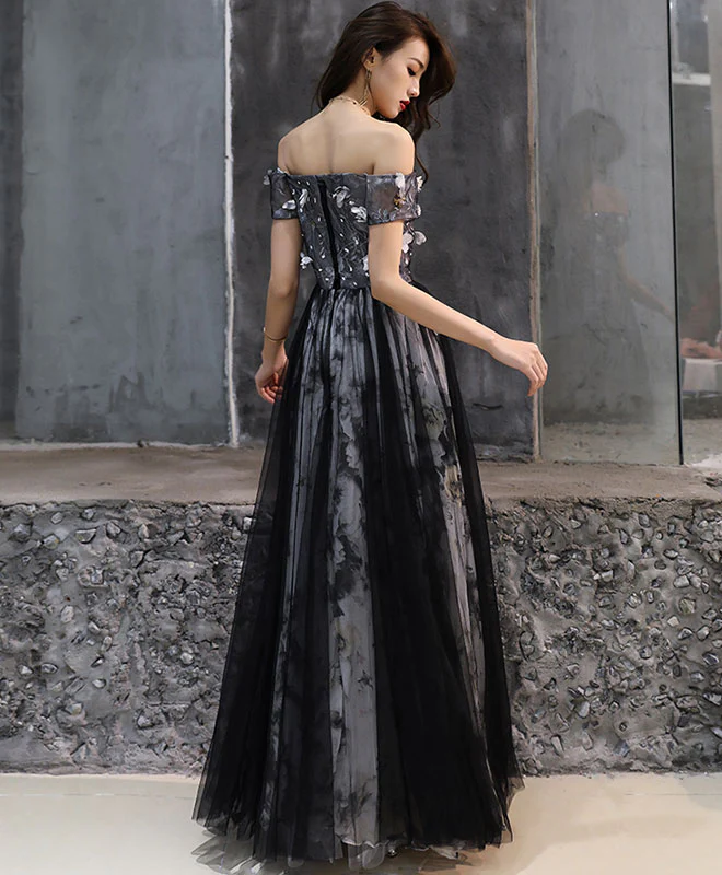 Black Tulle Lace Long Prom Dress, Black Tulle Evening Dress - Deanwangkt