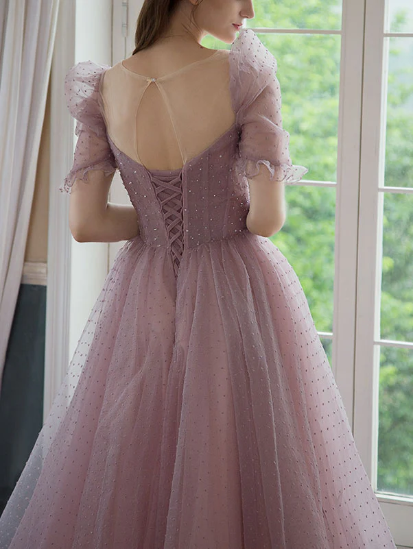 Sweetheart Tulle Beads Tea Length Pink Prom Dress, Tulle Homecoming Dress - Deanwangkt