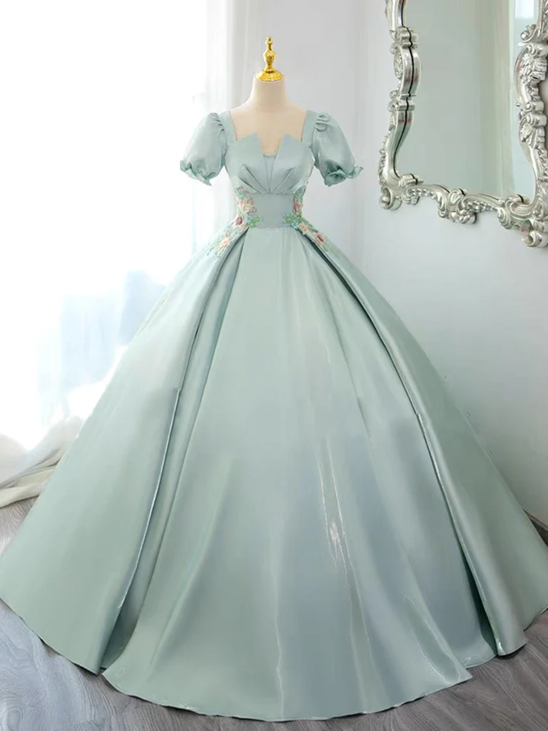 A-Line Satin Lace Applique Green Long Prom Dress, Green Long Formal Dress - Deanwangkt