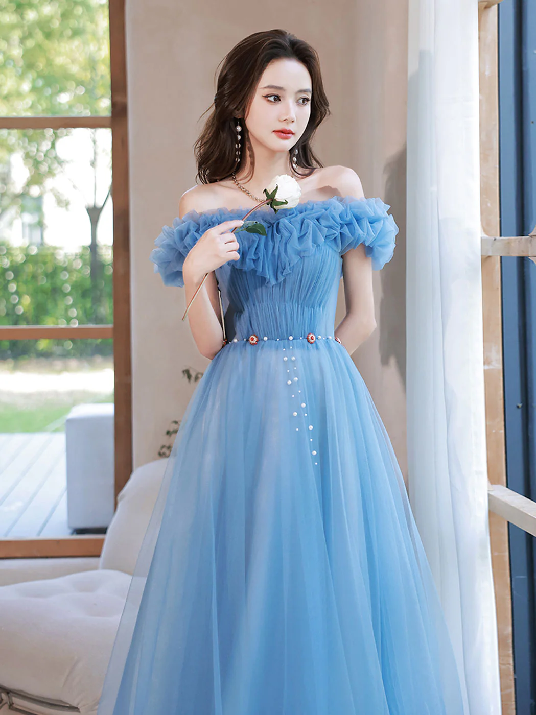 A-Line Off Shoulder Tulle Blue Long Prom Dress, Blue Formal Dresses - Deanwangkt