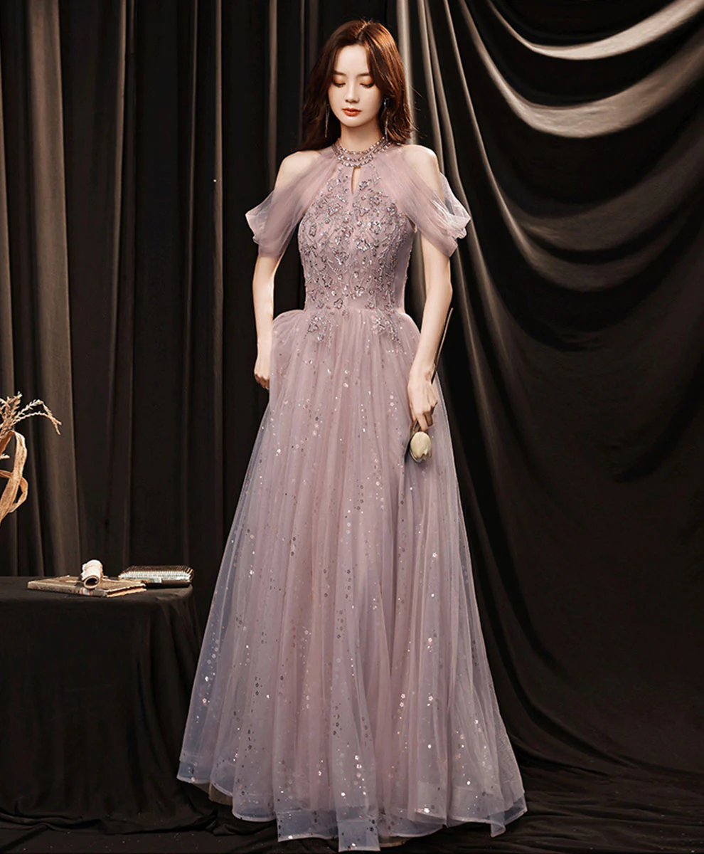 A line Pink Tulle Lace Sequin Long Prom Dress, Pink Formal Graduation Dresses - Deanwangkt