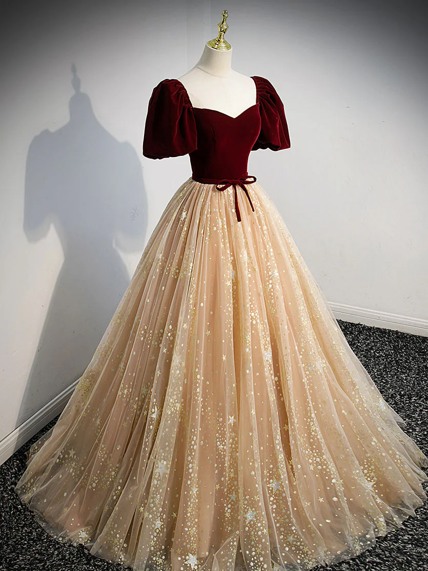 Burgundy Tulle Long Prom Dress, Burgundy Tulle Formal Dresses - Deanwangkt