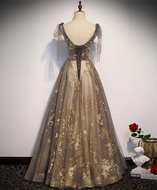 Elegant V Neck Gray Gold Tulle Lace Long Prom Dress Tulle Formal Dress - Deanwangkt