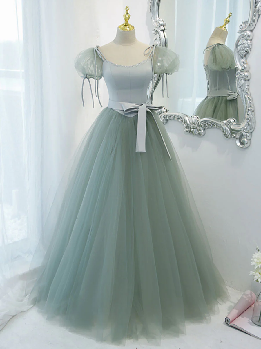 Green Round Neck Tulle Long Prom Dress, Green Evening Dress - Deanwangkt