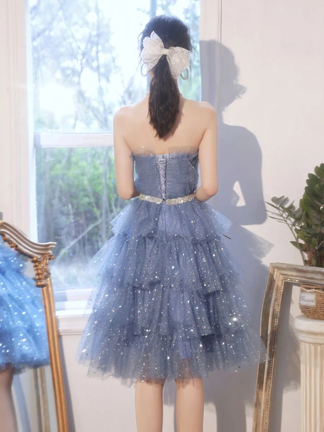 Blue Tulle Sequin Short Prom Dress, Blue Puffy Cute Homecoming Dresses - Deanwangkt