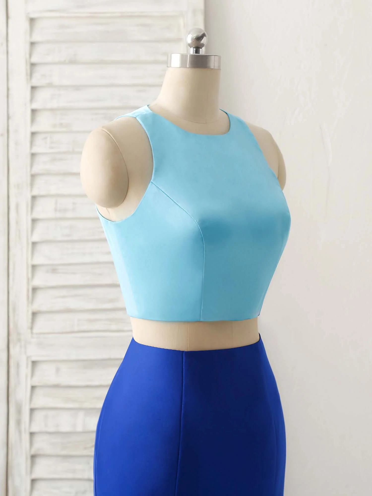 Royal Blue Two Pieces Satin Long Prom Dress, Blue Evening Dress - Deanwangkt