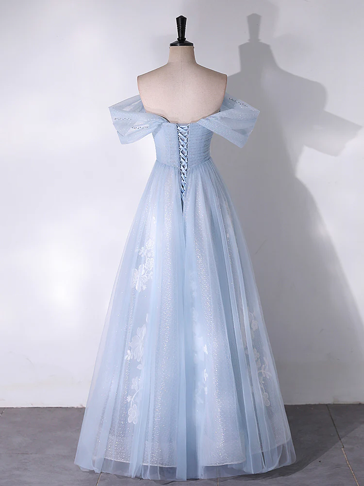 A-Line Off Shoulder Tulle Lace Blue Long Prom Dress, Blue Long Formal Dress - Deanwangkt