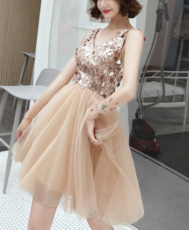 Champagne V Neck Tulle Sequin Short Prom Dress, Homecoming Dress - Deanwangkt