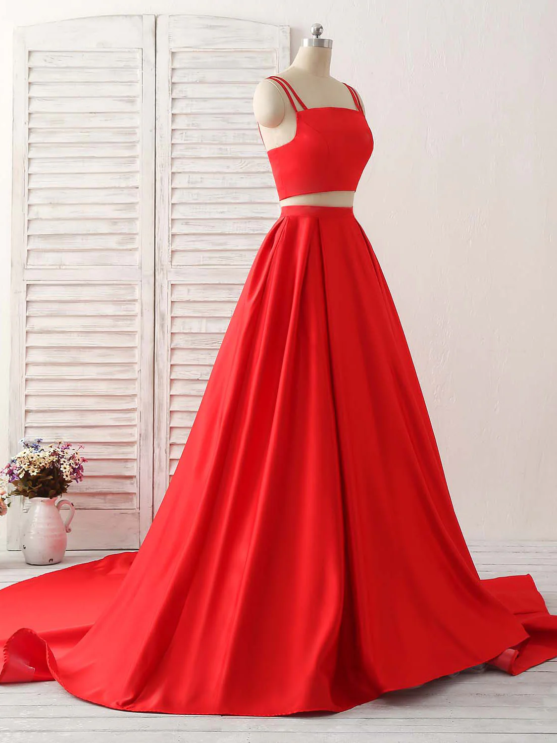 Red Two Pieces Satin Long Prom Dress Simple Red Evening Dress - Deanwangkt