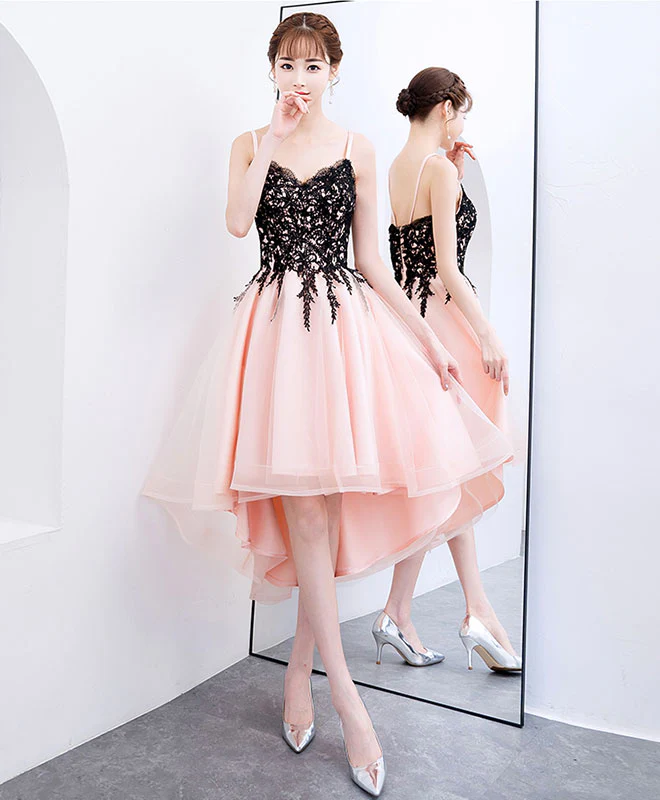 Pink V Neck Tulle Lace Short Prom Dress, Pink Homecoming Dress - Deanwangkt