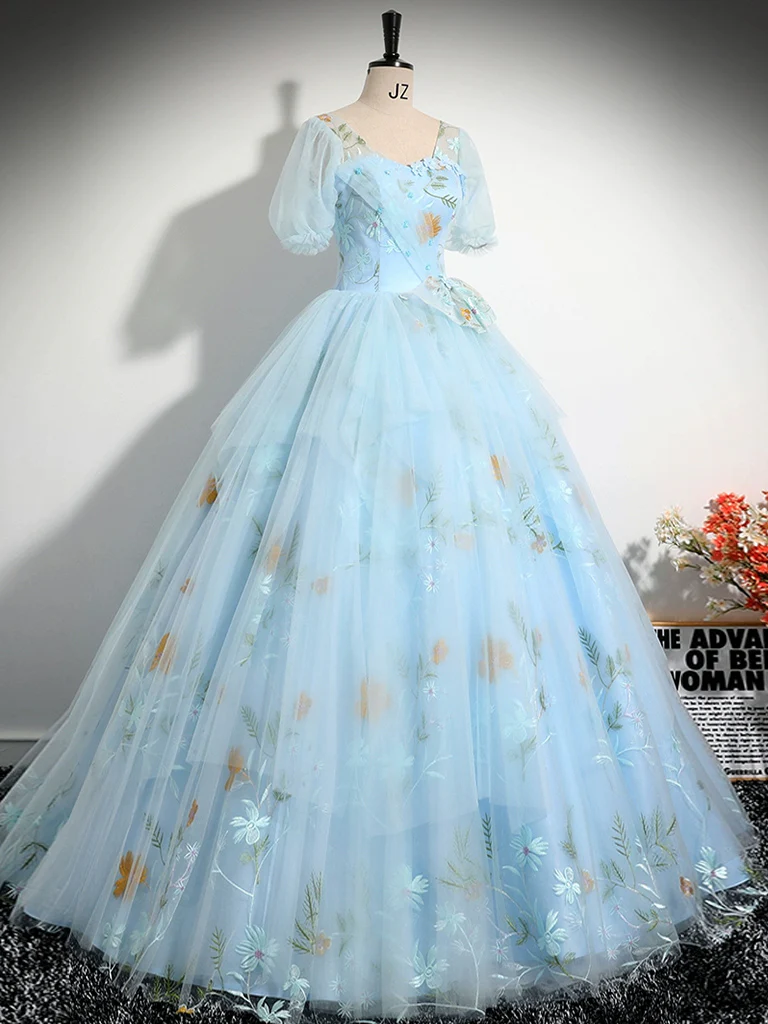 A-Line V Neck Tulle Lace Blue Long Prom Dress, Blue Lace Long Formal Dress - Deanwangkt