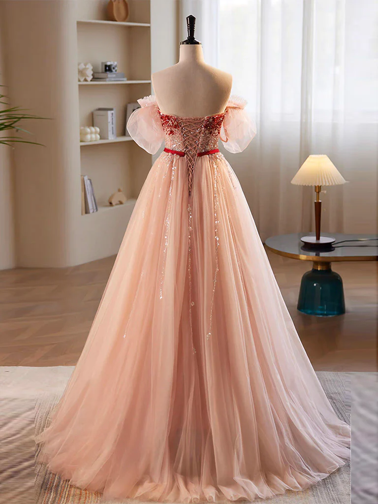 A-Line Sweetheart Neck Sequin Tulle Pink Long Prom Dress, Pink Formal Dress - Deanwangkt
