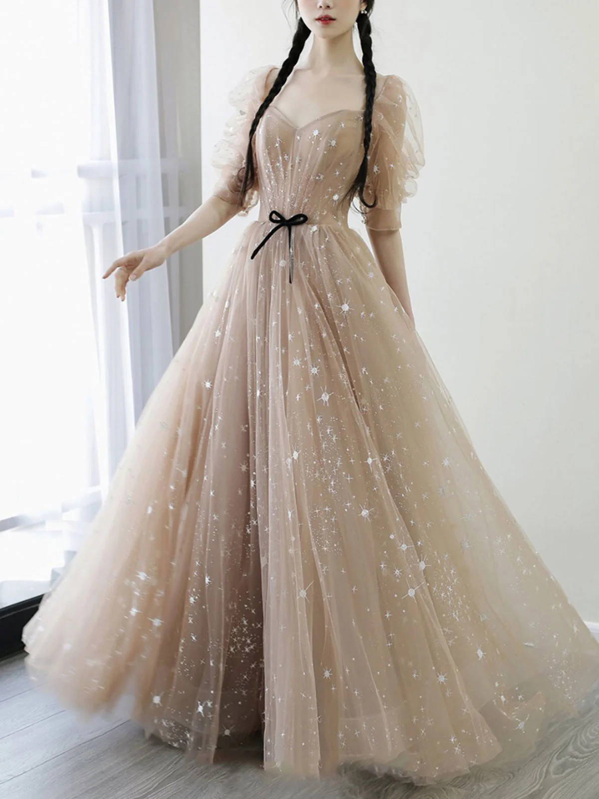 Champagne A line Tulle Long Prom Dress, Champagne Formal Evening Graduation Dresses - Deanwangkt