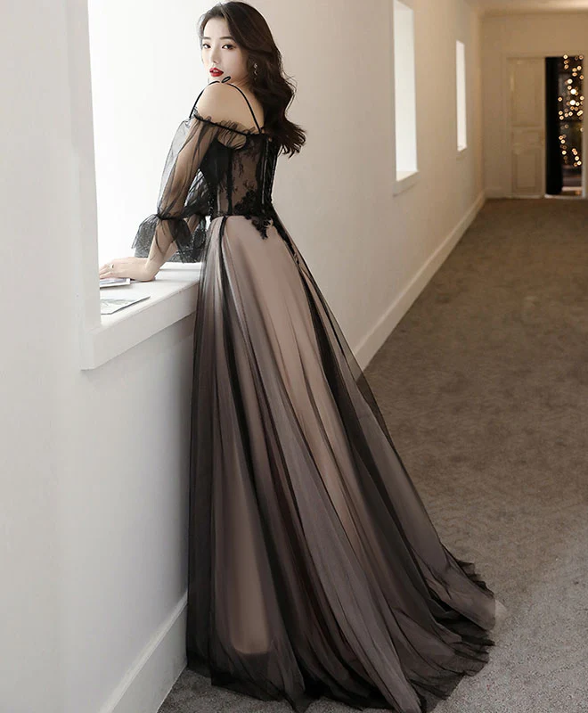 Black Tulle A Line Lace Long Prom Dress Tulle Lace Formal Dress - Deanwangkt