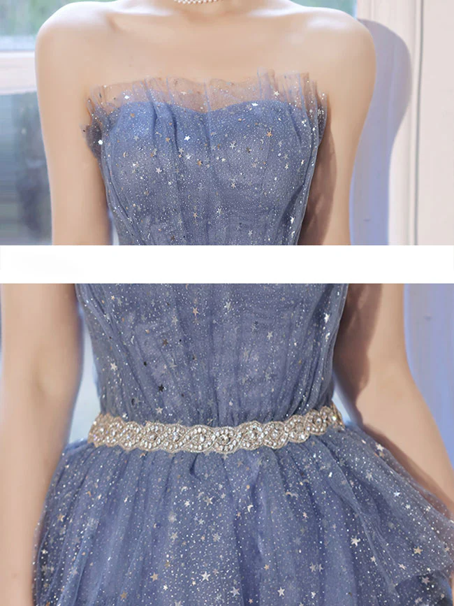 Blue Tulle Sequin Short Prom Dress, Blue Puffy Cute Homecoming Dresses - Deanwangkt