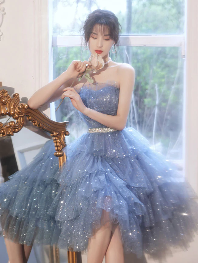 Blue Tulle Sequin Short Prom Dress, Blue Puffy Cute Homecoming Dresses - Deanwangkt