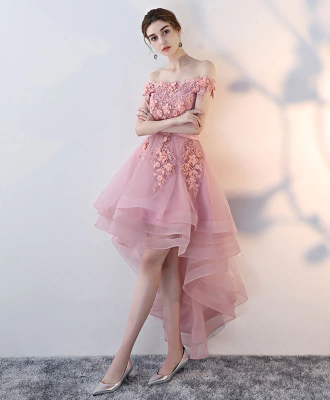 Pink Lace High Low Prom Dress, Pink Homecoming Dress - Deanwangkt