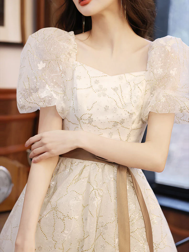 White A-line Lace Tulle Beige Short Prom Dress, Beige Homecoming Dress - Deanwangkt