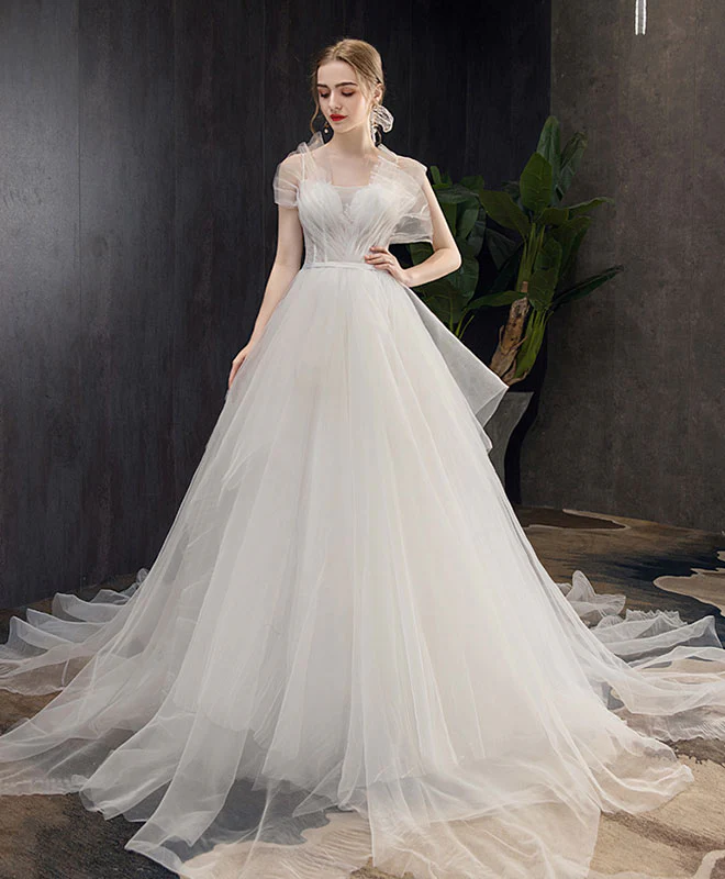 White Tulle Long Wedding Dress, White Tulle Long Bridal Dress - Deanwangkt