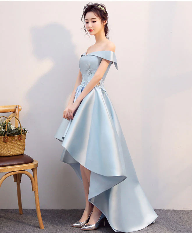 Light Blue High Low Lace Prom Dress, Blue Formal Bridesmaid Dress - Deanwangkt
