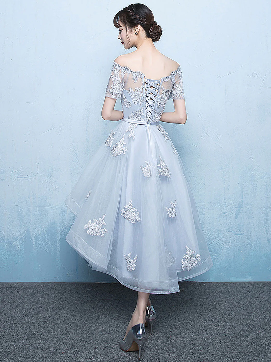 Gray A-line High Low Tulle Prom Dress, Gray Bridesmaid Dress - Deanwangkt