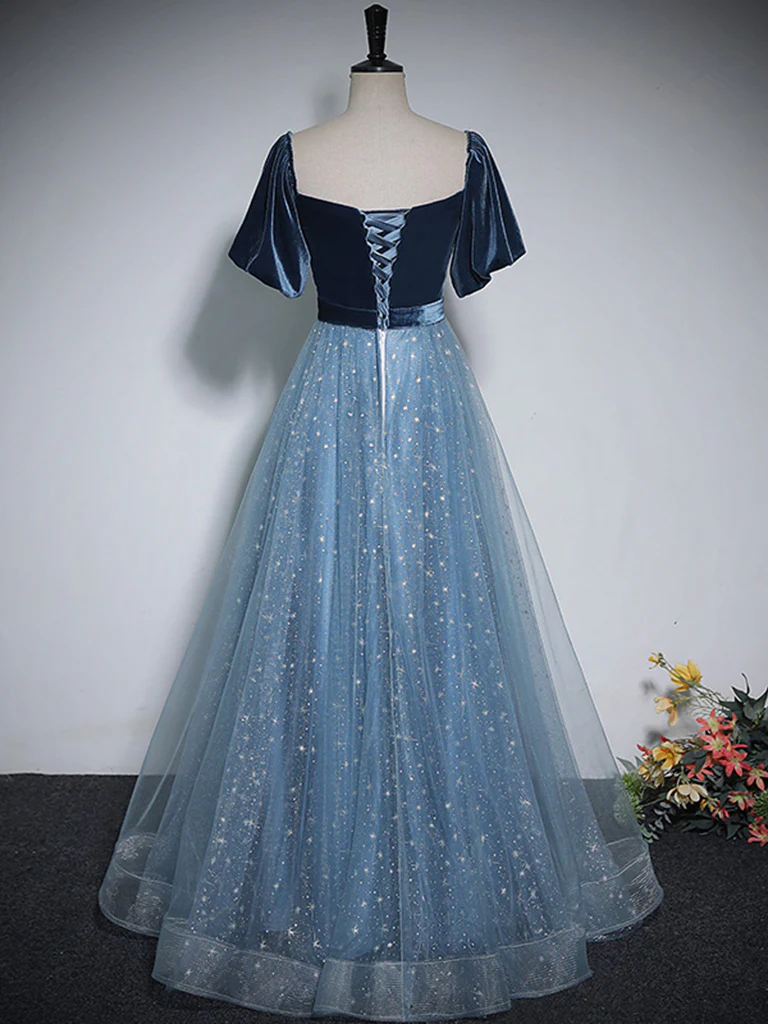 A-Line Tulle Velvet Blue Long Prom Dress, Blue Tulle Formal Dress - Deanwangkt