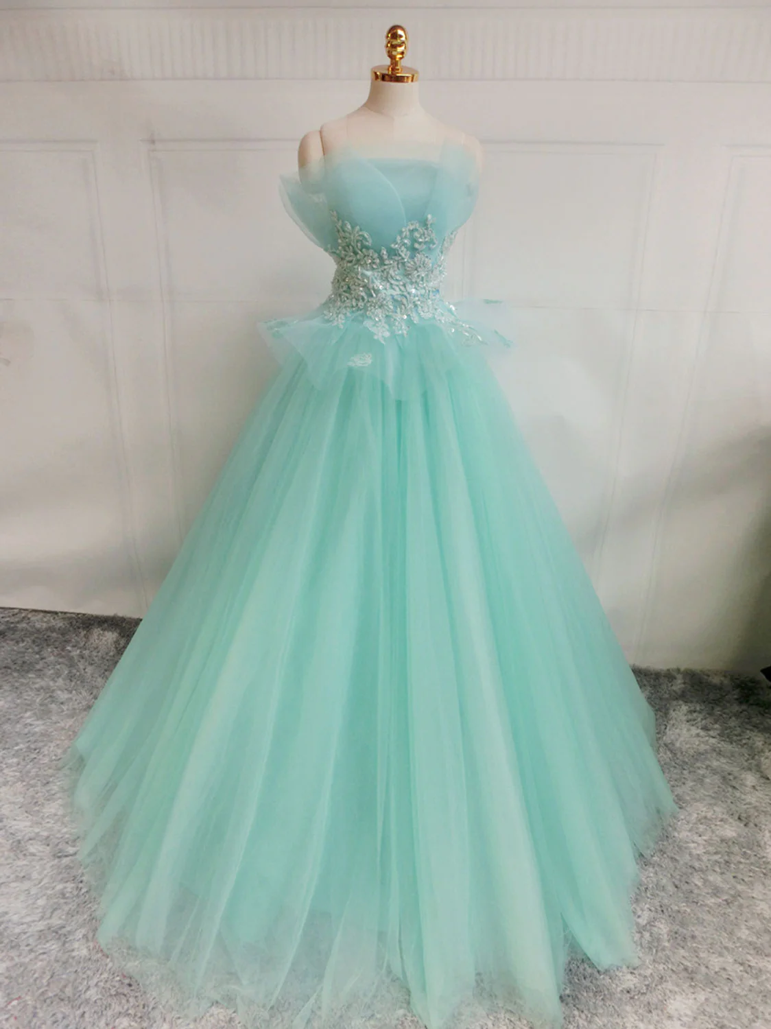 Green  A-Line Tulle Lace Long Prom Dress, Green Sweet 16 Dress - Deanwangkt