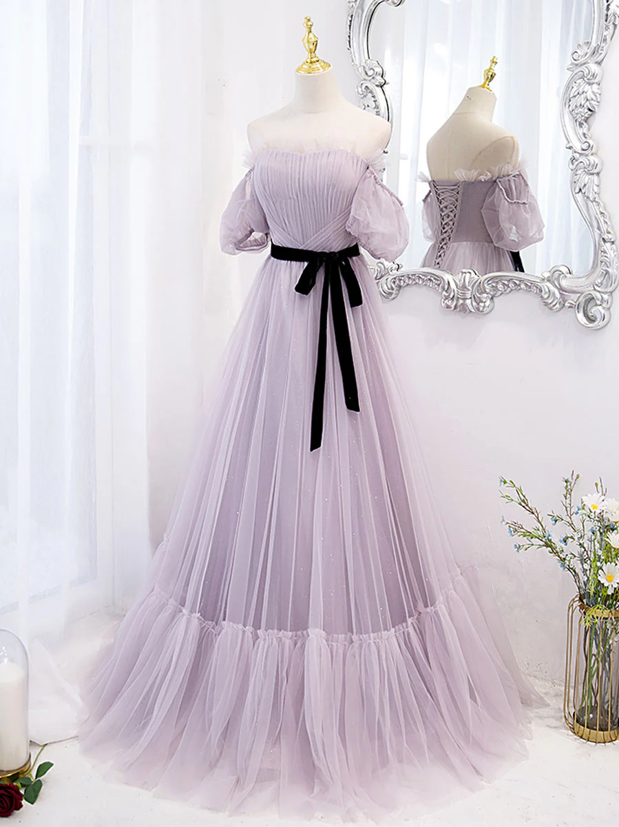 Purple tulle A line long prom dress, purple bridesmaid dress - Deanwangkt