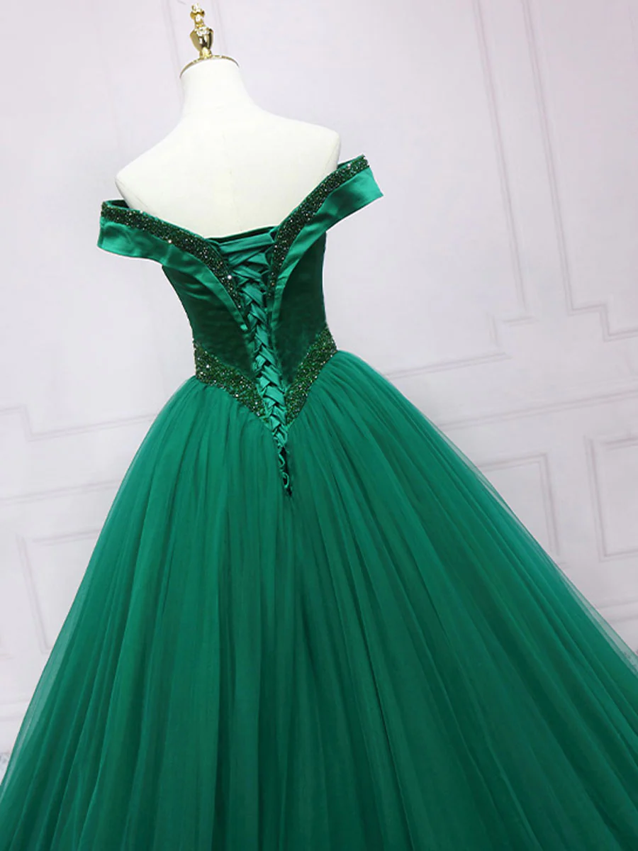 Green Tulle Off Shoulder Tulle Beads Long Prom Dress, Green Formal Graduation Dresses - Deanwangkt