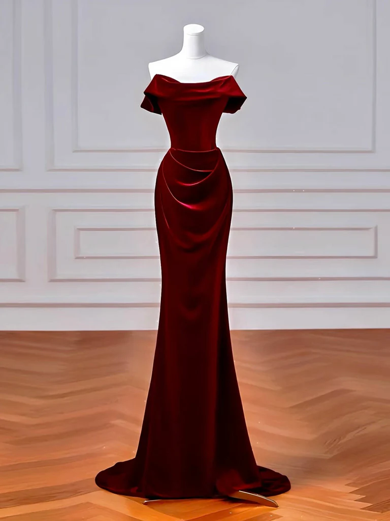 Mermaid Velvet Burgundy Long Prom Dress, Burgundy Long Formal Dress - Deanwangkt