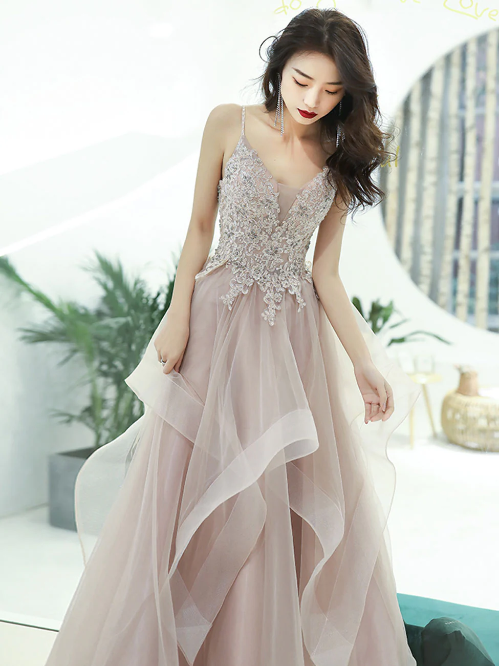 A-Line V Neck Pink Long Prom Dress, Pink Formal Graduation Dress with Lace Beading - Deanwangkt