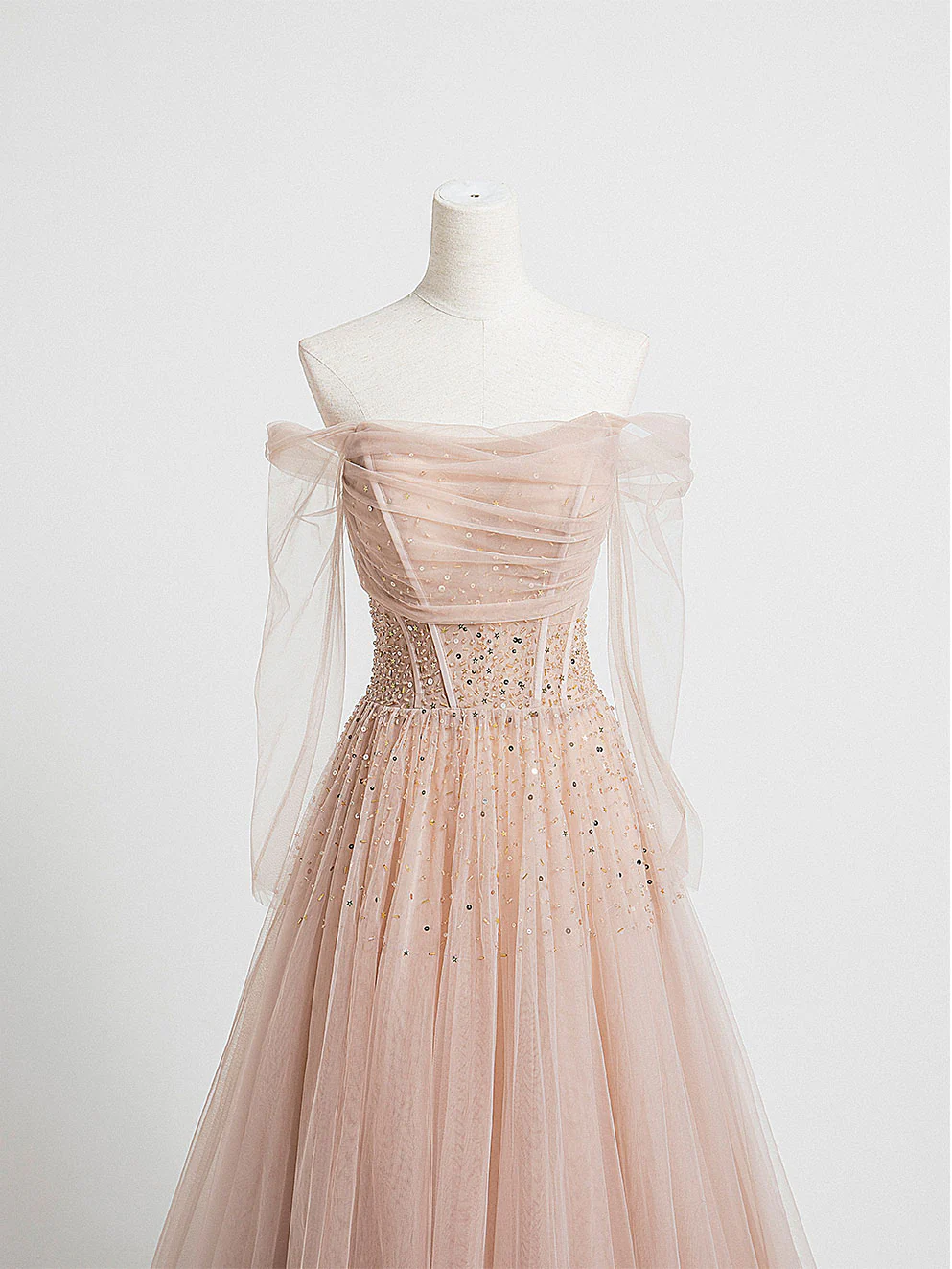 Champagne Pink Tulle Beads Long Prom Dress Champagne Evening Dress - Deanwangkt
