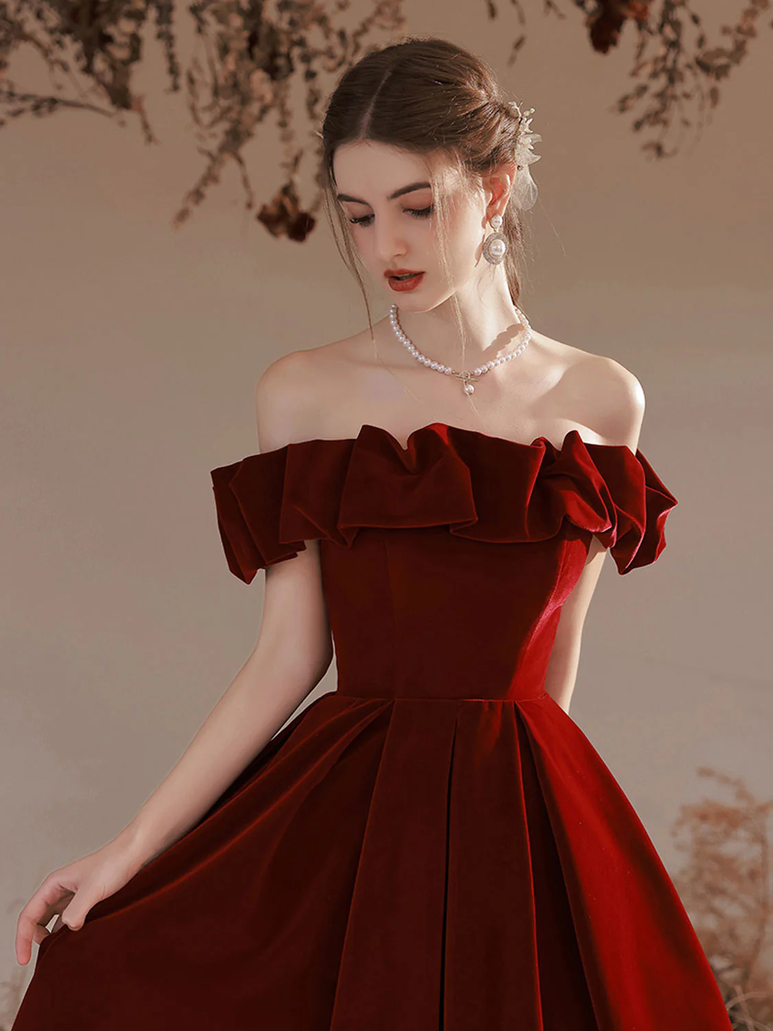 A-Line Off Shoulder Velvet Burgundy Long Prom Dress, Burgundy Evening Dresses - Deanwangkt