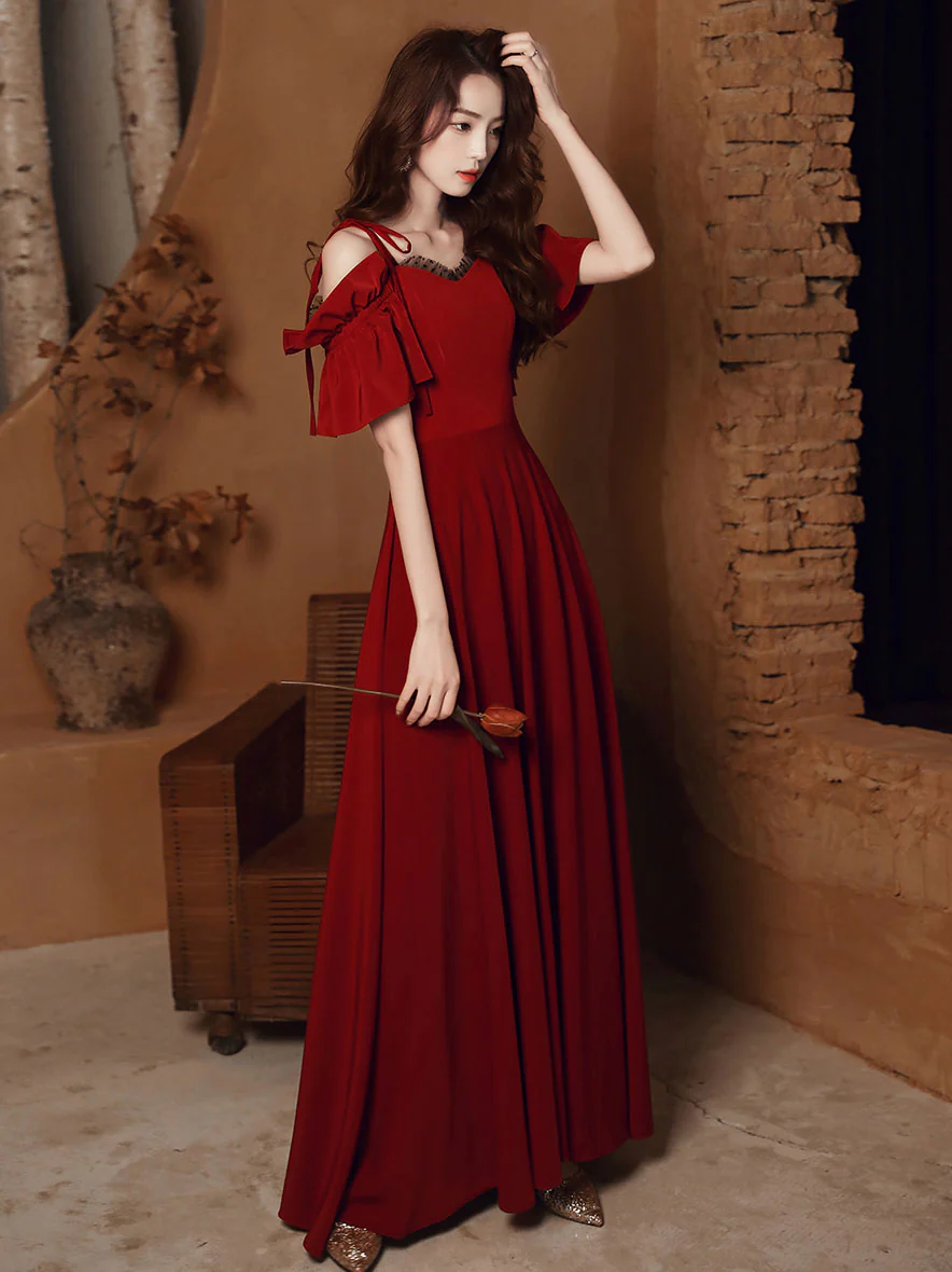 Simple Burgundy Satin Long Prom Dress, Burgundy Formal Dresses - Deanwangkt