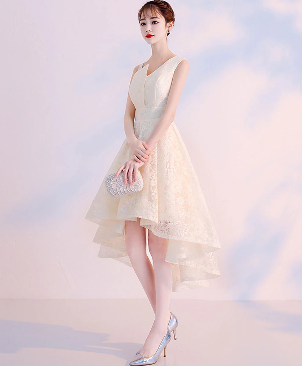 Champagne Lace High Low Prom Dress Lace Cocktail Dress, Cute Homecoming Dress - Deanwangkt
