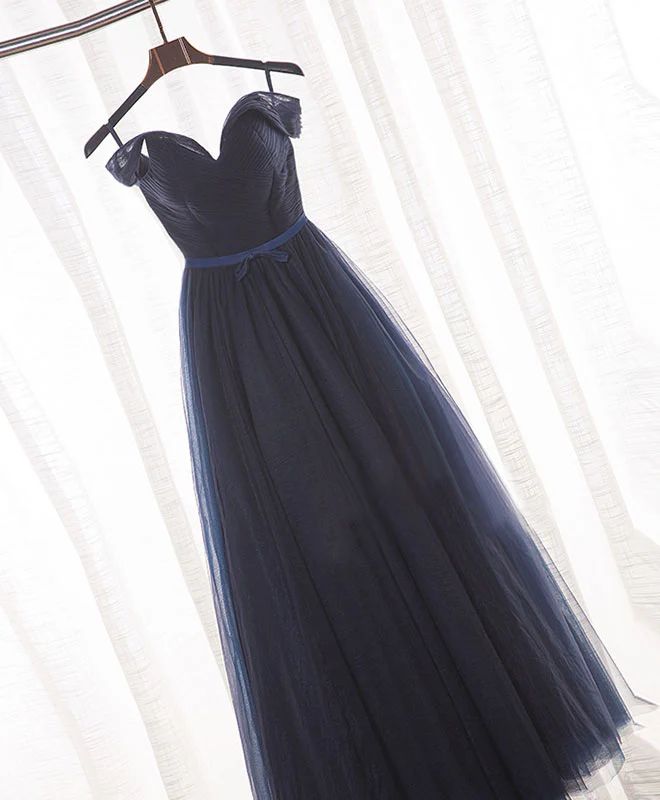 Dark Blue A Line Tulle Long Prom Dress, Evening Dress - Deanwangkt