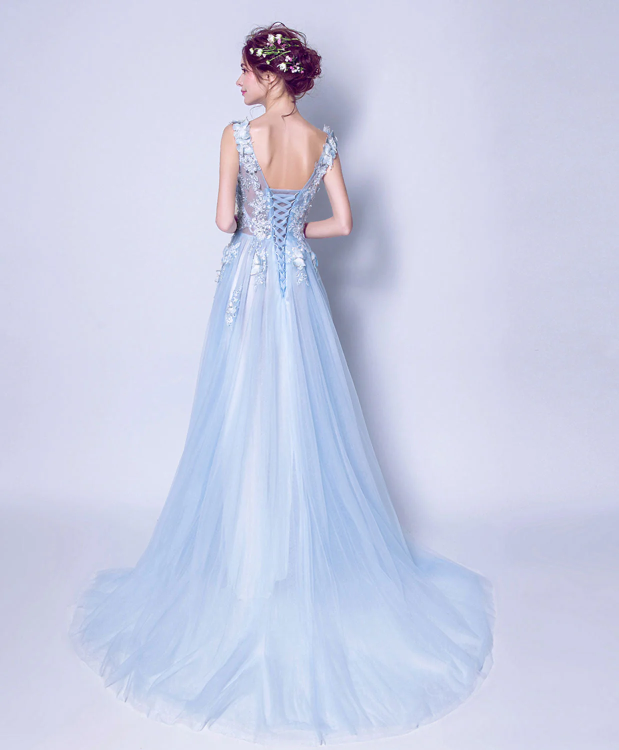 Blue V Neck Tulle Lace Long Prom Dress, Blue Evening Dress - Deanwangkt