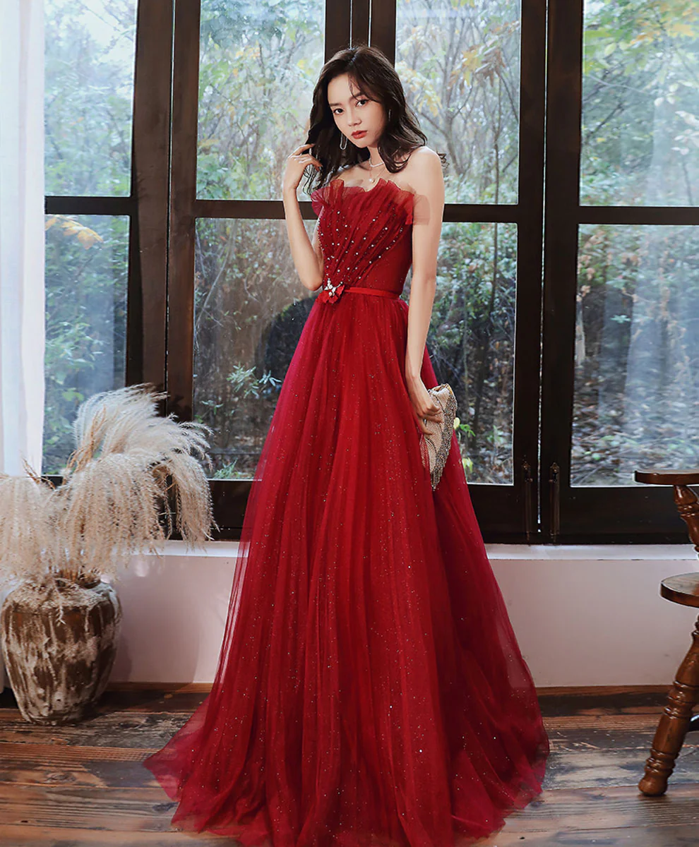 Burgundy Tulle Long Prom Dress Tulle Formal Dress - Deanwangkt