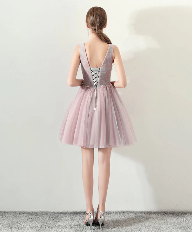 Cute V Neck Tulle Short Prom Dress, Pink Homecoming Dress - Deanwangkt