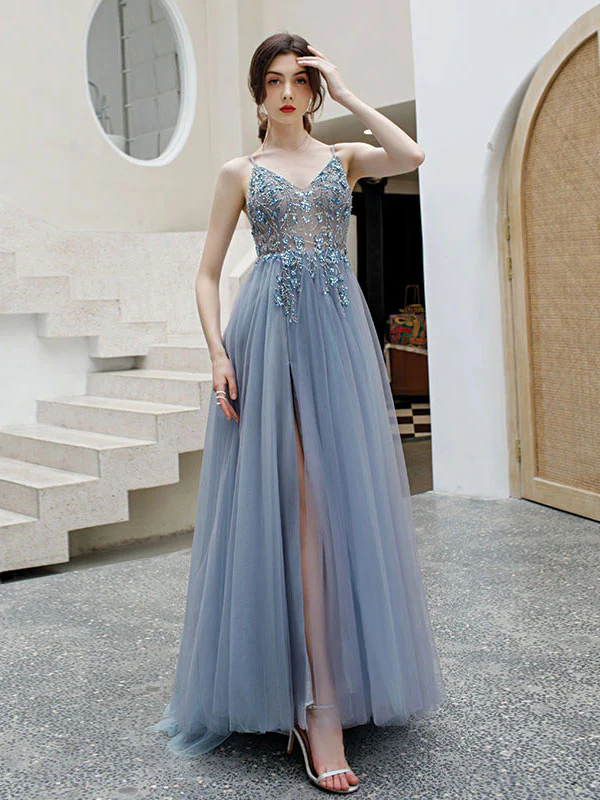 Gray blue v neck tulle beads long prom dress, gray tulle formal dress - Deanwangkt