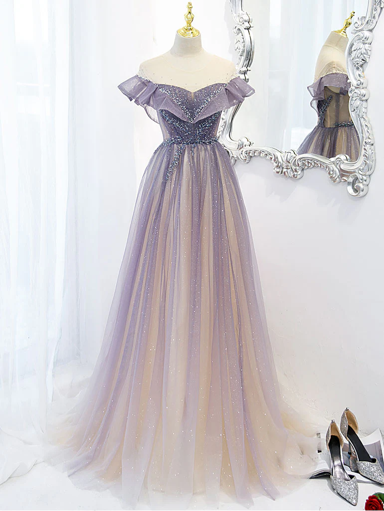 Purple Off Shoulder Tulle Sequin Long Prom Dress, Purple Evening Dress - Deanwangkt
