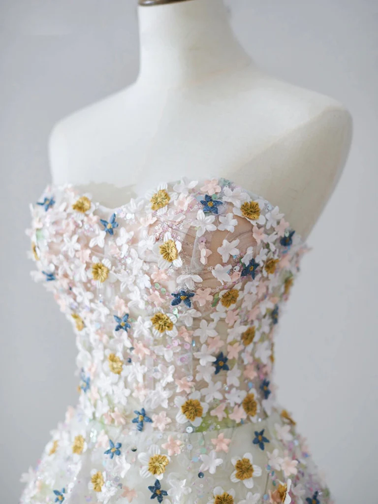 A-line Sweetheart Neck Tulle Lace Flower Beige Long Prom Dress, Beige Long Formal Dress - Deanwangkt