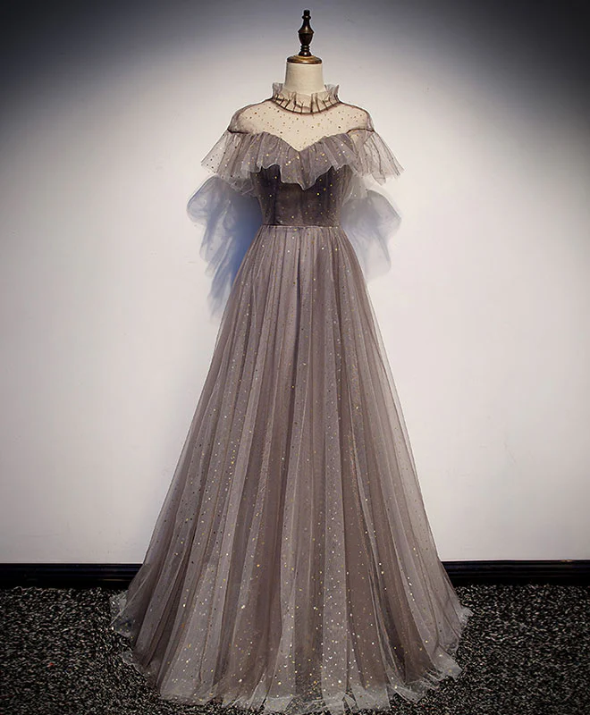 Unique Tulle Long Prom Dress, Tulle Gray Evening Dress - Deanwangkt