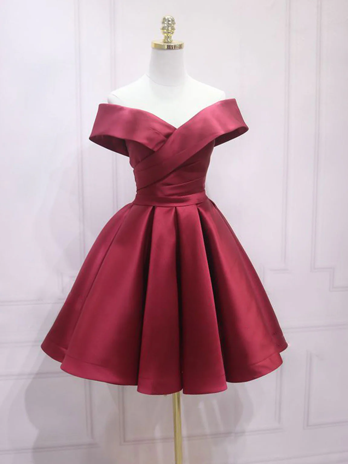A-Line Off Shoulder Satin Burgundy Short Prom Dress, Burgundy Homecoming Dress - Deanwangkt