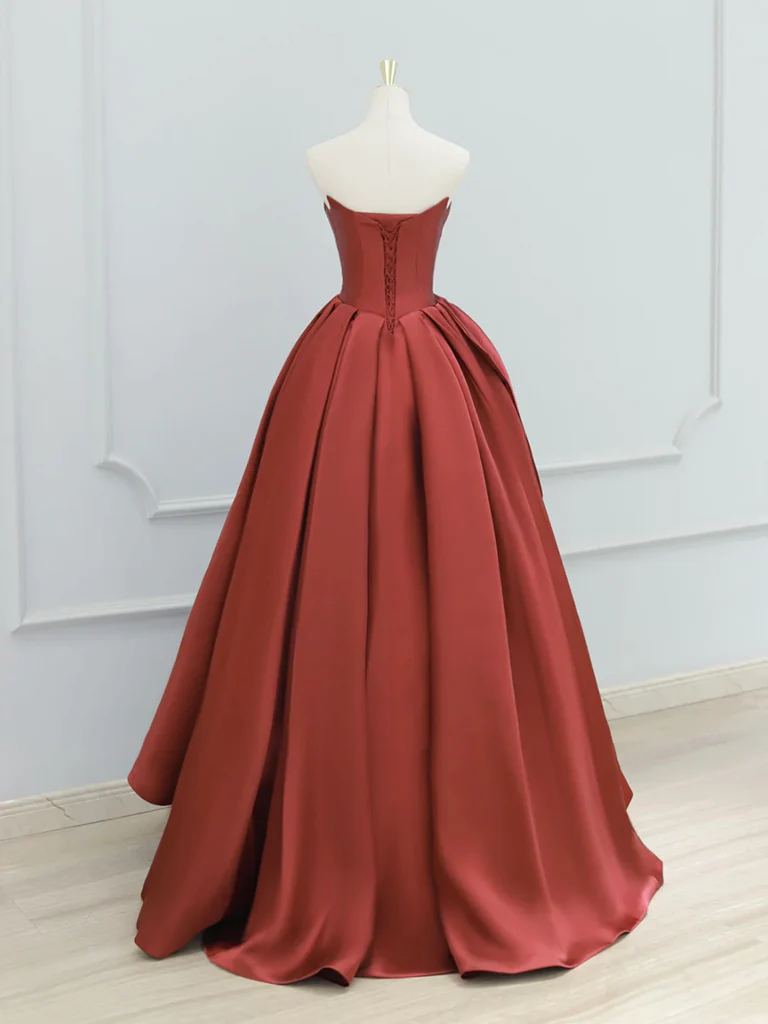 A-Line Satin Dark Red Long Prom Dress, Dark Red Formal Dress - Deanwangkt