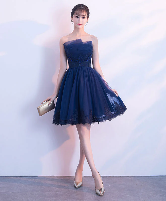 Cute Dark Blue Tulle Lace Short Prom Dress, Homecoming Dress - Deanwangkt