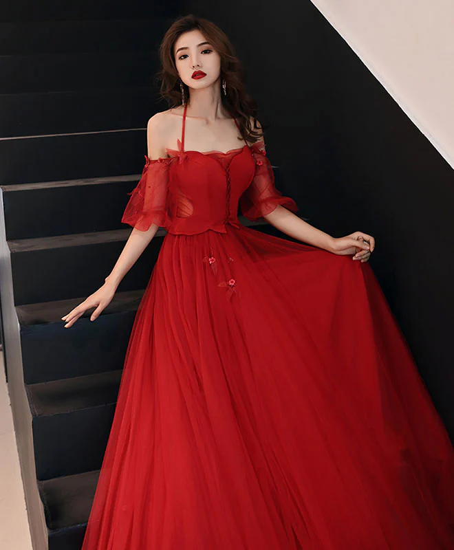 Unique Red Tulle Lace Long Prom Dress Tulle Red Evening Dress - Deanwangkt