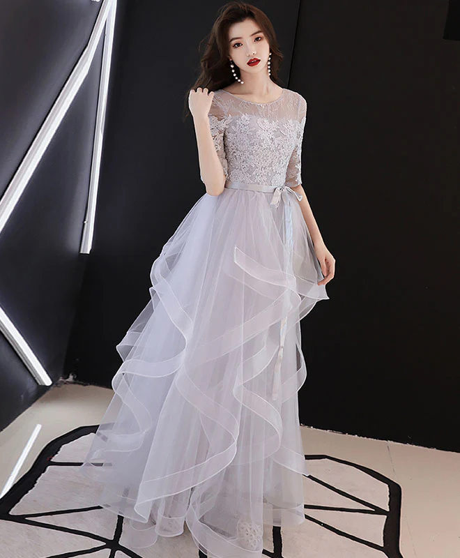 Gray Tulle Lace Long Prom Dress, Gray Tulle Formal Graduation Dress - Deanwangkt